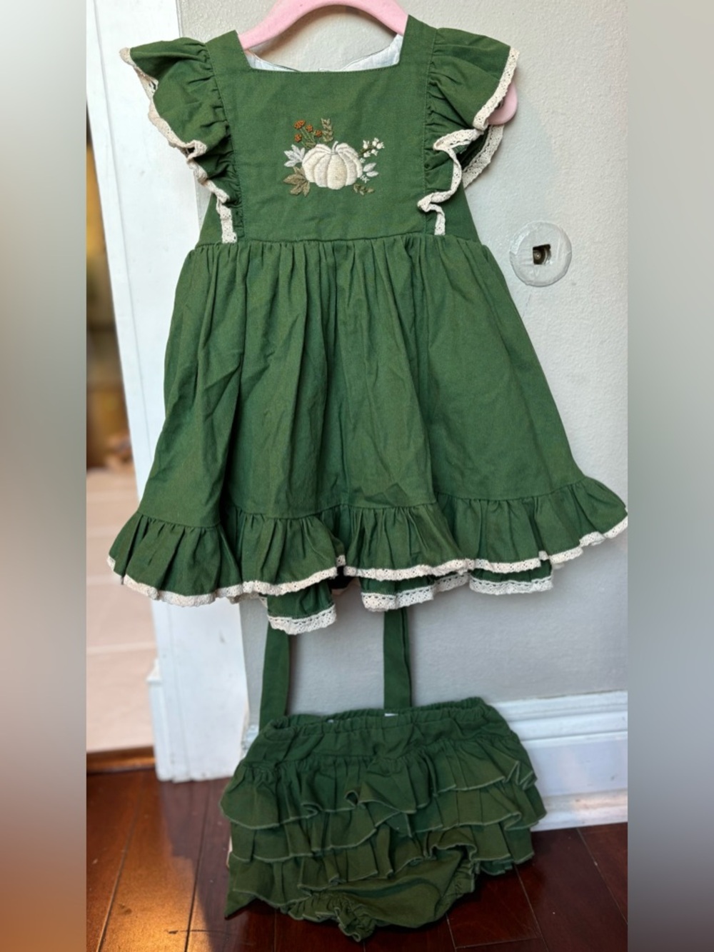 Girl James Green Pumpkin Appliqué Ruffle Dress & Bloomers